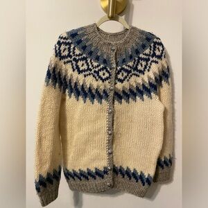 Hilda Ltd. Vintage Icelandic Fair Isle knit Wool Cardigan sz L Iceland Sweater